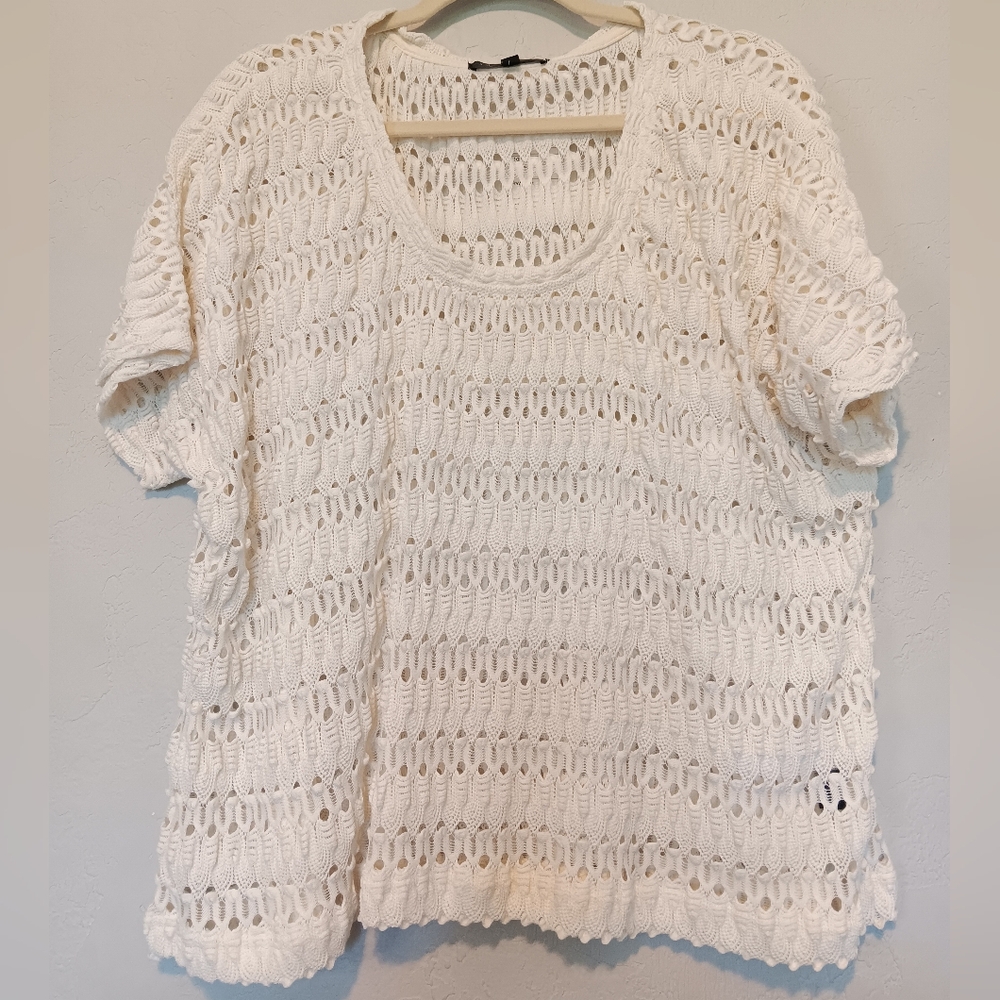Santuary Women Eyelet Knit Top Oversize Short Sleeve Ivory SzS Beach Boho Resort